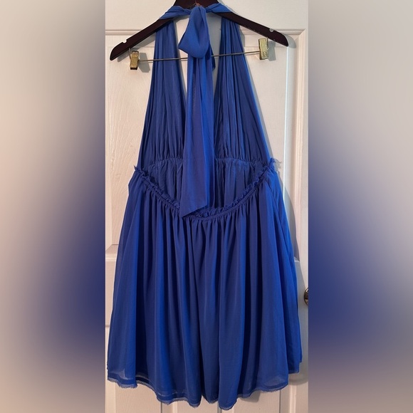 NWT FREE PEOPLE XL Esme Mini Dress Brilliant Blue Halter Top Chiffon Satin Strap - Picture 8 of 15